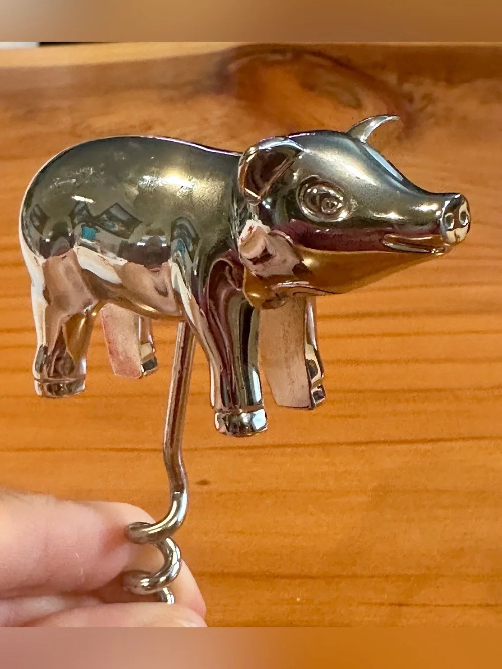 Chrome Silver Metal Figural Pig Wine Bottle Opener Tail Corkscrew Barware - Cute